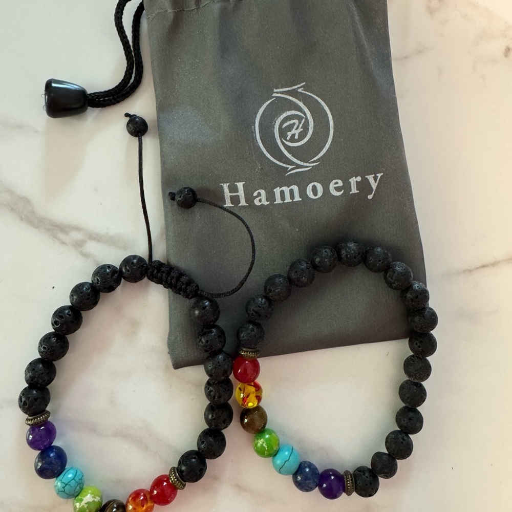 Hamoery Lava Bead Bracelet Set with Rainbow Accent Beads - Black & Multicolor
